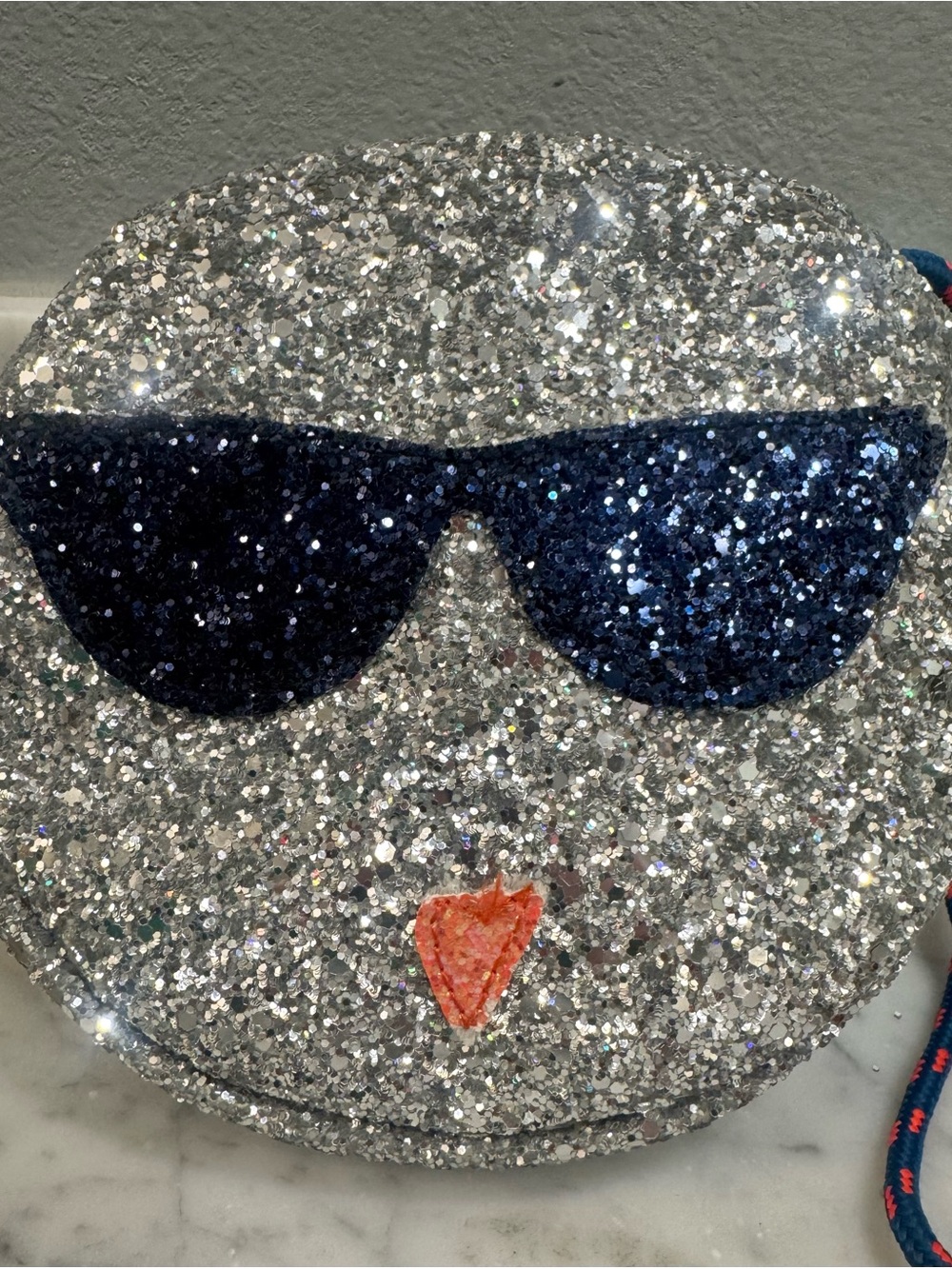 Crewcuts Silver emoji Glitter Zip Pouch with Navy & Red Rope Detail